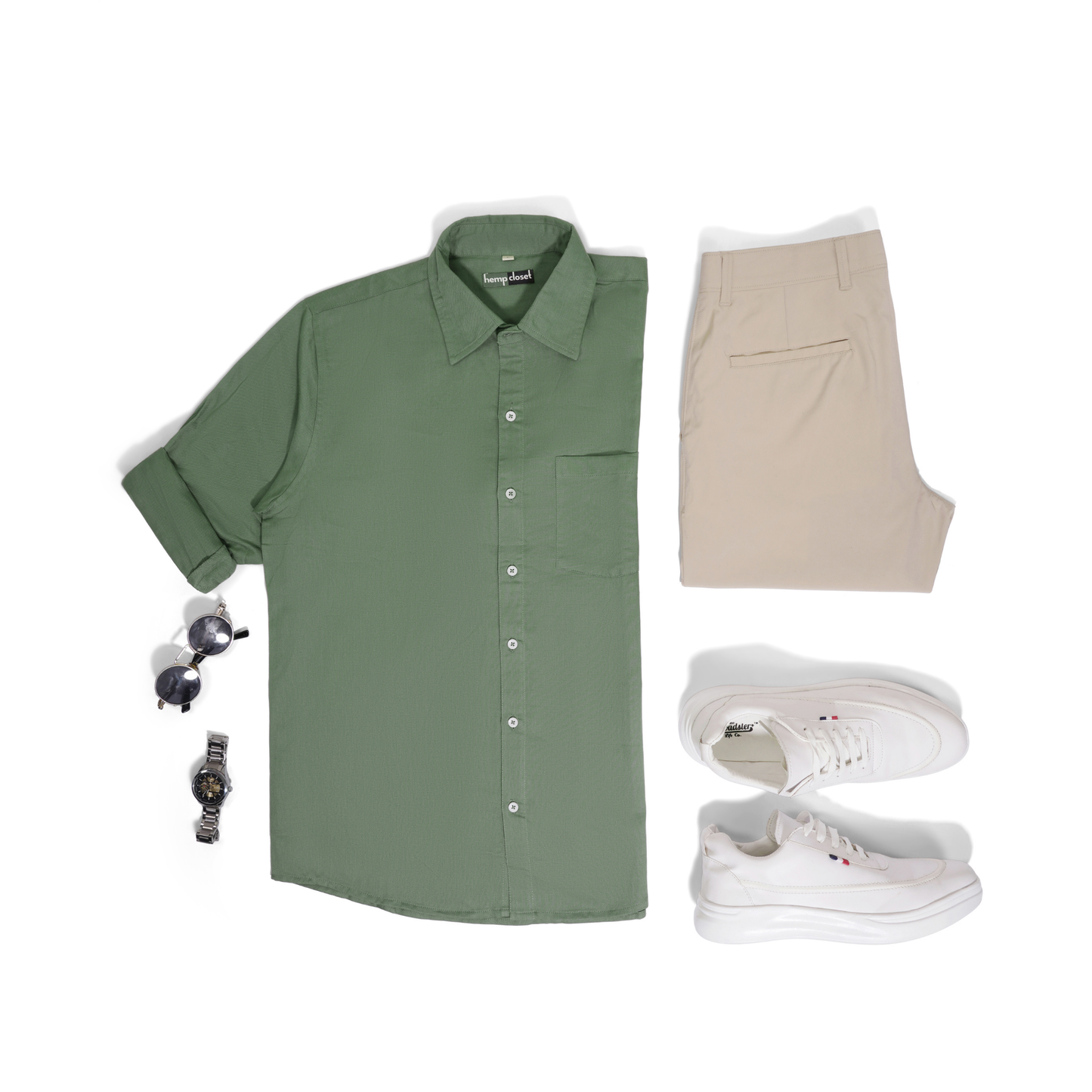 Olive Green Shirt & White Tee Combo